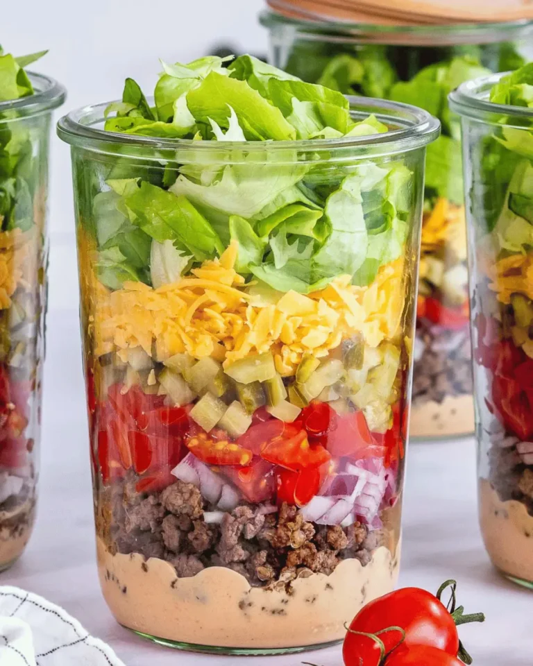 Layered salad jars with lettuce, tomatoes, cheese and dressing