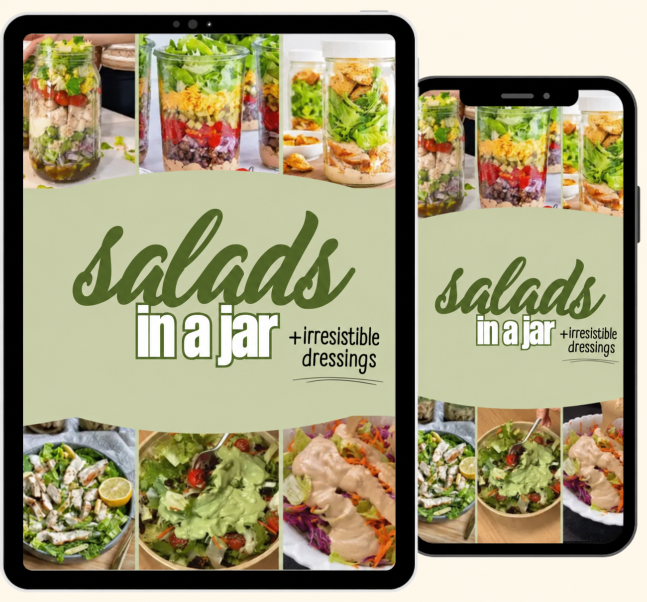 Salads in a Jar recipe collection shown on a tablet and phone